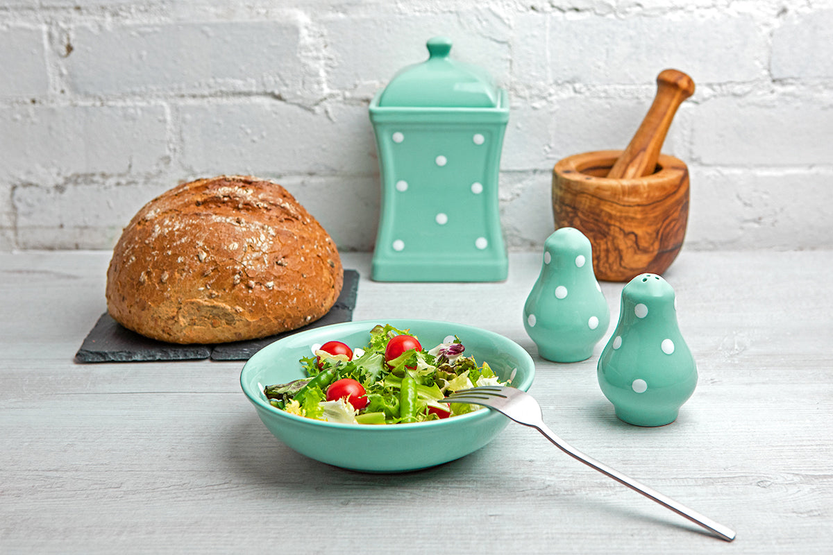 Teal Blue And White Polka Dot Spotty Handmade Hand Painted Ceramic Salt and Pepper Shaker Pot
