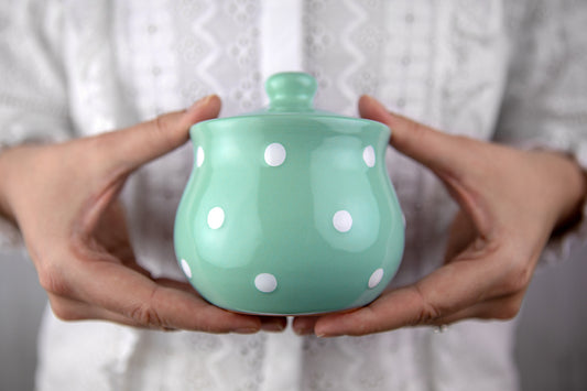 Teal Blue And White Polka Dot Spotty Handmade Hand Painted Ceramic Sugar Bowl With Lid