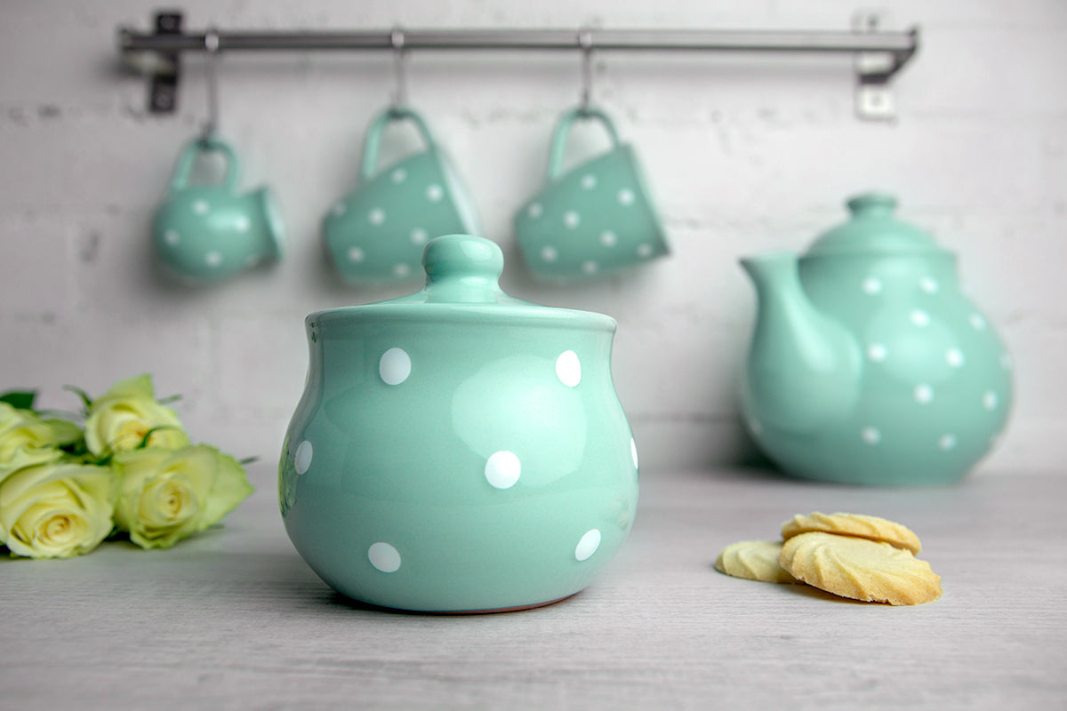 City to Cottage Ceramic Sugar Bowl with Lid, 10oz Sugar Contanier for Coffee Bar, Sugar Dispenser Bowl, Salt - Condiment Pot for Kitchen Counter, Handcrafted Turquoise Blue Polka Dot Sugar Jar