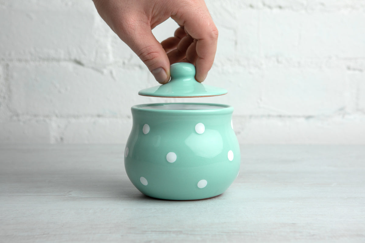 City to Cottage Ceramic Sugar Bowl with Lid, 10oz Sugar Contanier for Coffee Bar, Sugar Dispenser Bowl, Salt - Condiment Pot for Kitchen Counter, Handcrafted Turquoise Blue Polka Dot Sugar Jar