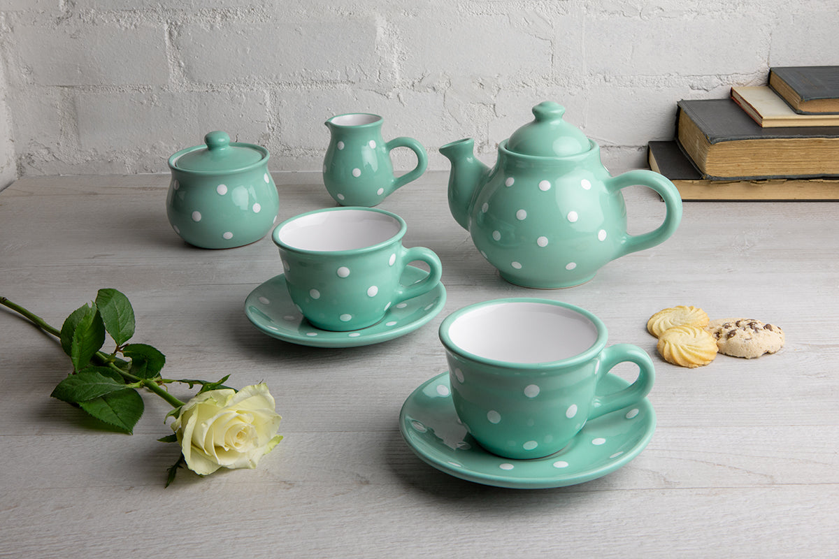 Teal Blue and White Polka Dot Pottery Handmade Hand Painted Ceramic Teapot Milk Jug Sugar Bowl Set With Two Cups and Saucers