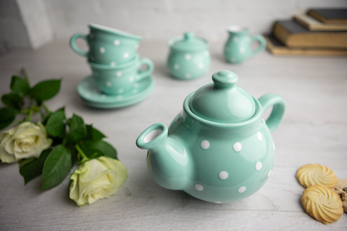 Teal Blue and White Polka Dot Pottery Handmade Hand Painted Ceramic Teapot Milk Jug Sugar Bowl Set With Two Cups and Saucers
