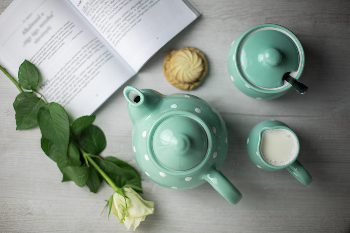 Teal Blue and White Polka Dot Pottery Handmade Hand Painted Ceramic Teapot Milk Jug Sugar Bowl Set With Two Cups and Saucers