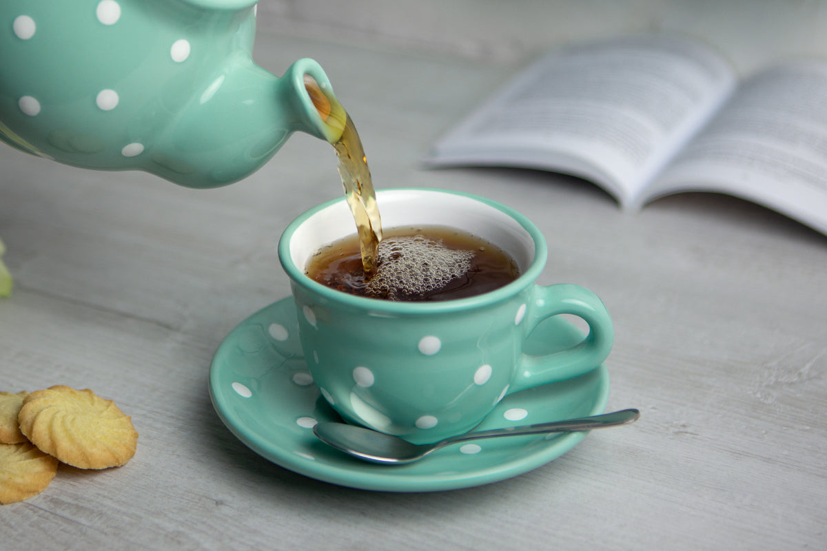 Teal Blue and White Polka Dot Pottery Handmade Hand Painted Ceramic Teapot Milk Jug Sugar Bowl Set With Two Cups and Saucers