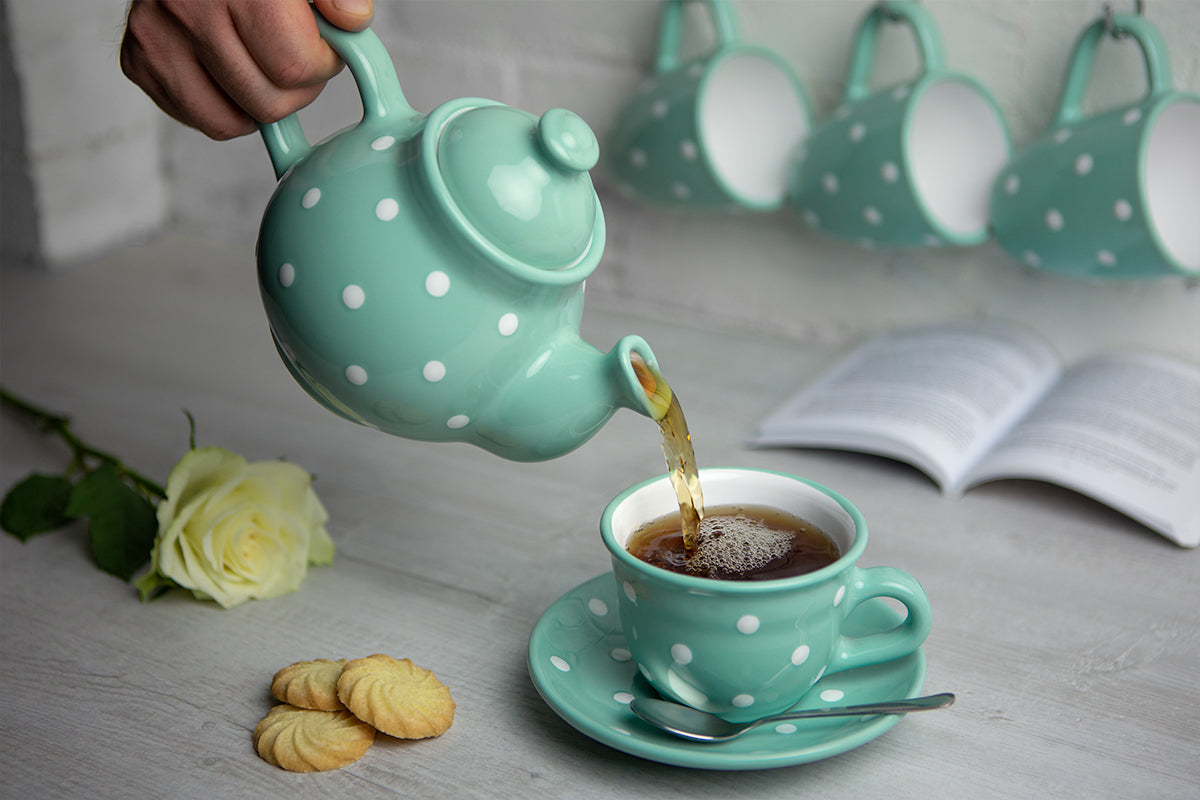 Teal Blue and White Polka Dot Pottery Handmade Hand Painted Ceramic Teapot Milk Jug Sugar Bowl Set With Two Cups and Saucers