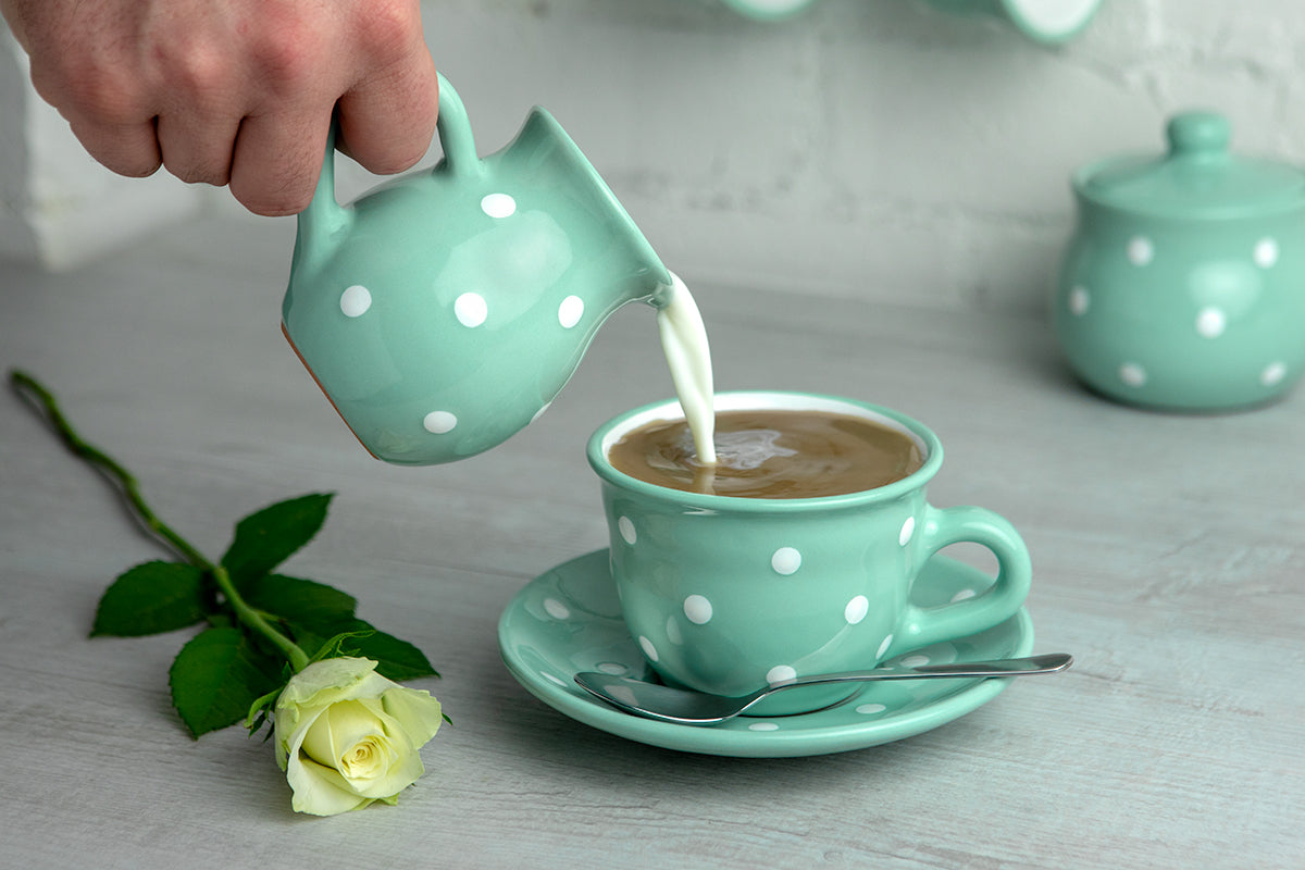 Teal Blue and White Polka Dot Pottery Handmade Hand Painted Ceramic Teapot Milk Jug Sugar Bowl Set With Two Cups and Saucers