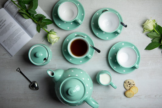 Teal Blue And White Polka Dot Spotty Handmade Hand Painted Ceramic Large Teapot Milk Jug Sugar Bowl Set With 4 Cups and Saucers