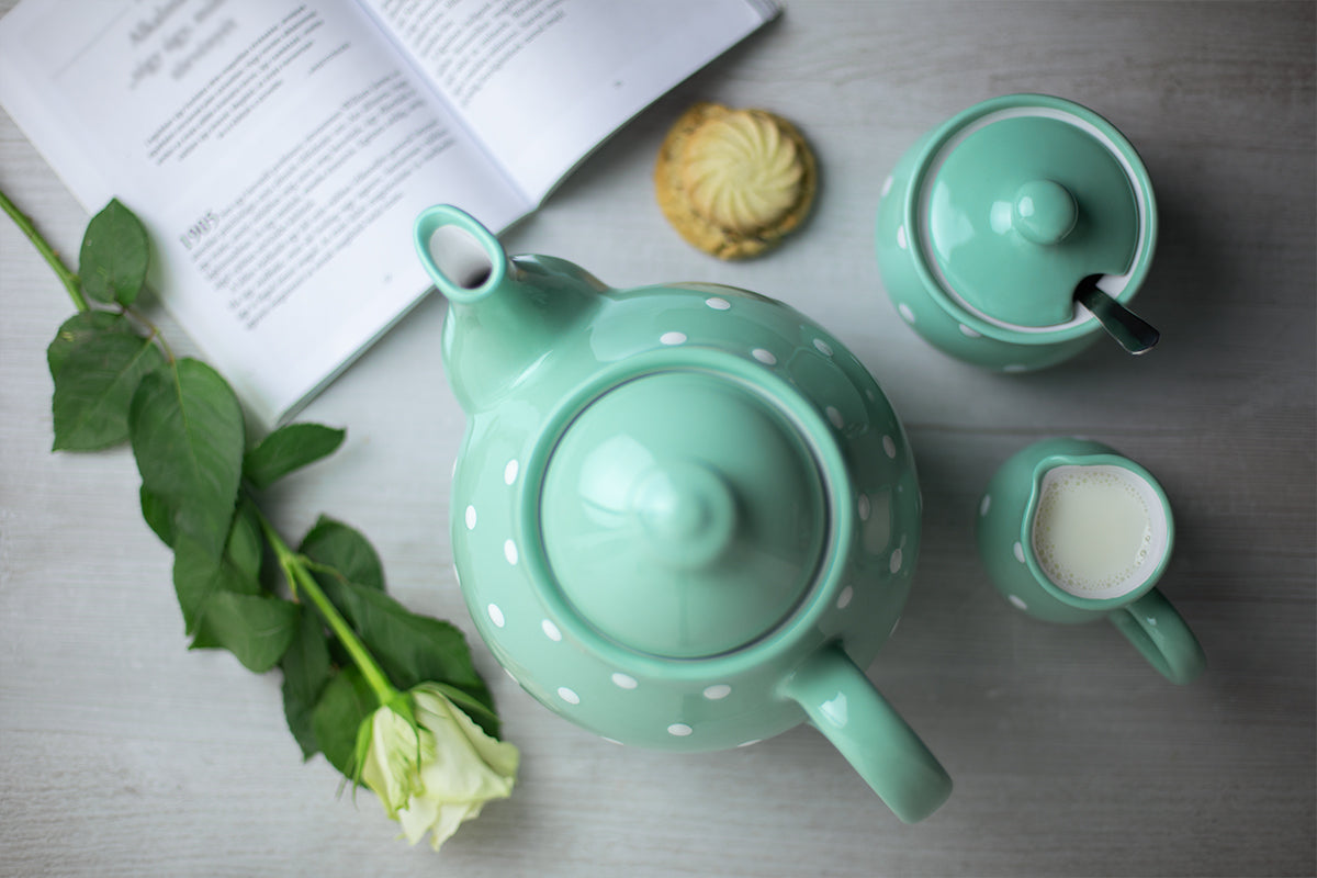 Teal Blue And White Polka Dot Spotty Handmade Hand Painted Ceramic Large Teapot Milk Jug Sugar Bowl Set With 4 Cups and Saucers