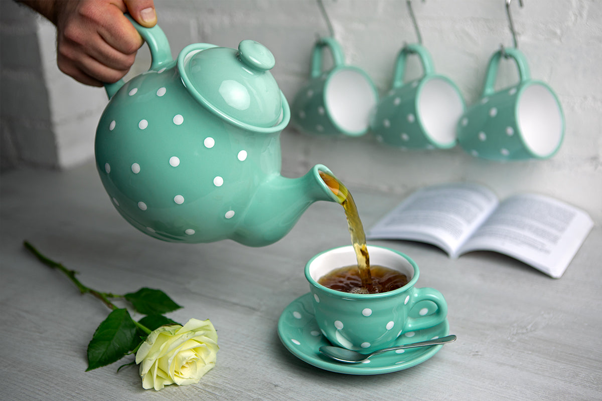 Teal Blue And White Polka Dot Spotty Handmade Hand Painted Ceramic Large Teapot Milk Jug Sugar Bowl Set With 4 Cups and Saucers