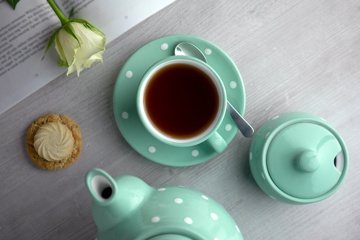 Teal Blue And White Polka Dot Spotty Handmade Hand Painted Ceramic Large Teapot Milk Jug Sugar Bowl Set With 4 Cups and Saucers