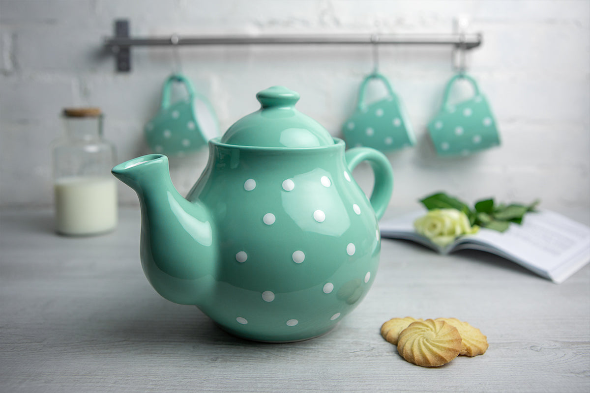 Teal Blue And White Polka Dot Spotty Handmade Hand Painted Ceramic Large Teapot Milk Jug Sugar Bowl Set With 4 Cups and Saucers
