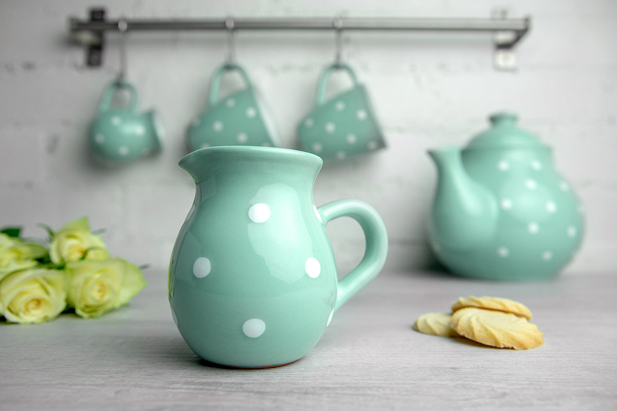 Teal Blue And White Polka Dot Spotty Handmade Hand Painted Ceramic Large Teapot Milk Jug Sugar Bowl Set With 4 Cups and Saucers