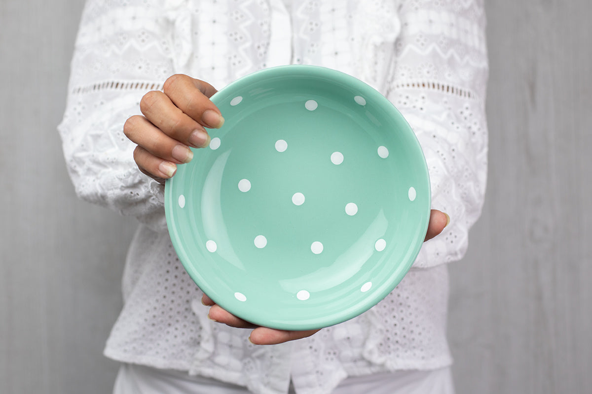 Teal Blue And White Polka Dot Spotty Handmade Hand Painted Ceramic Salad Pasta Fruit Cereal Soup Bowl