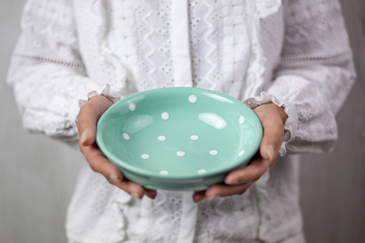 Teal Blue And White Polka Dot Spotty Handmade Hand Painted Ceramic Salad Pasta Fruit Cereal Soup Bowl