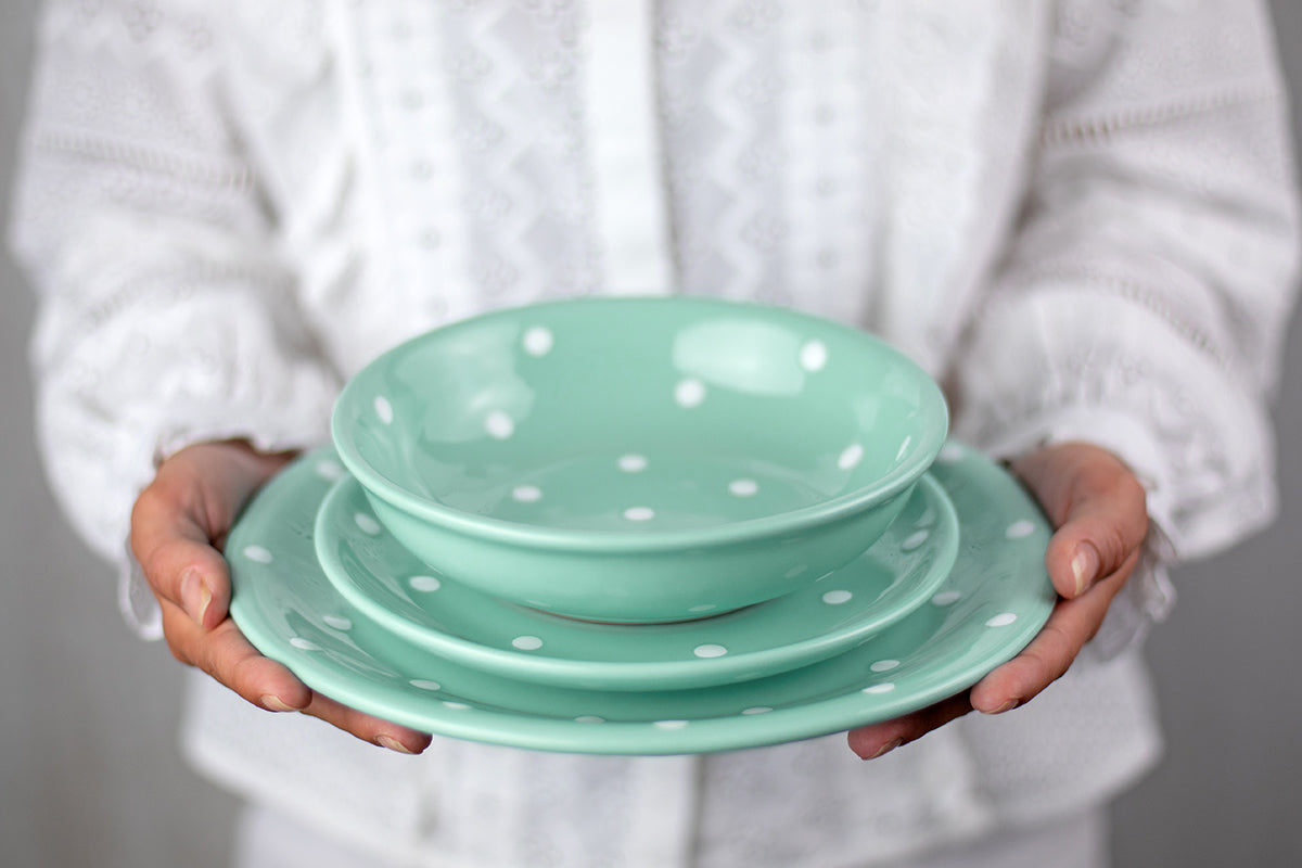 Teal Blue And White Polka Dot Spotty Handmade Hand Painted Ceramic Salad Pasta Fruit Cereal Soup Bowl