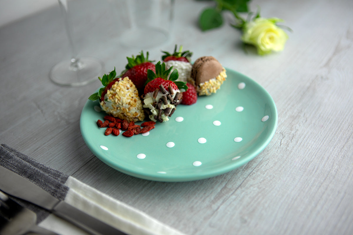 Teal Blue And White Polka Dot Spotty Handmade Hand Painted Glazed Ceramic Side Dessert Plate