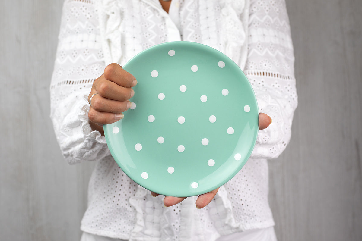 Teal Blue And White Polka Dot Spotty Handmade Hand Painted Glazed Ceramic Side Dessert Plate