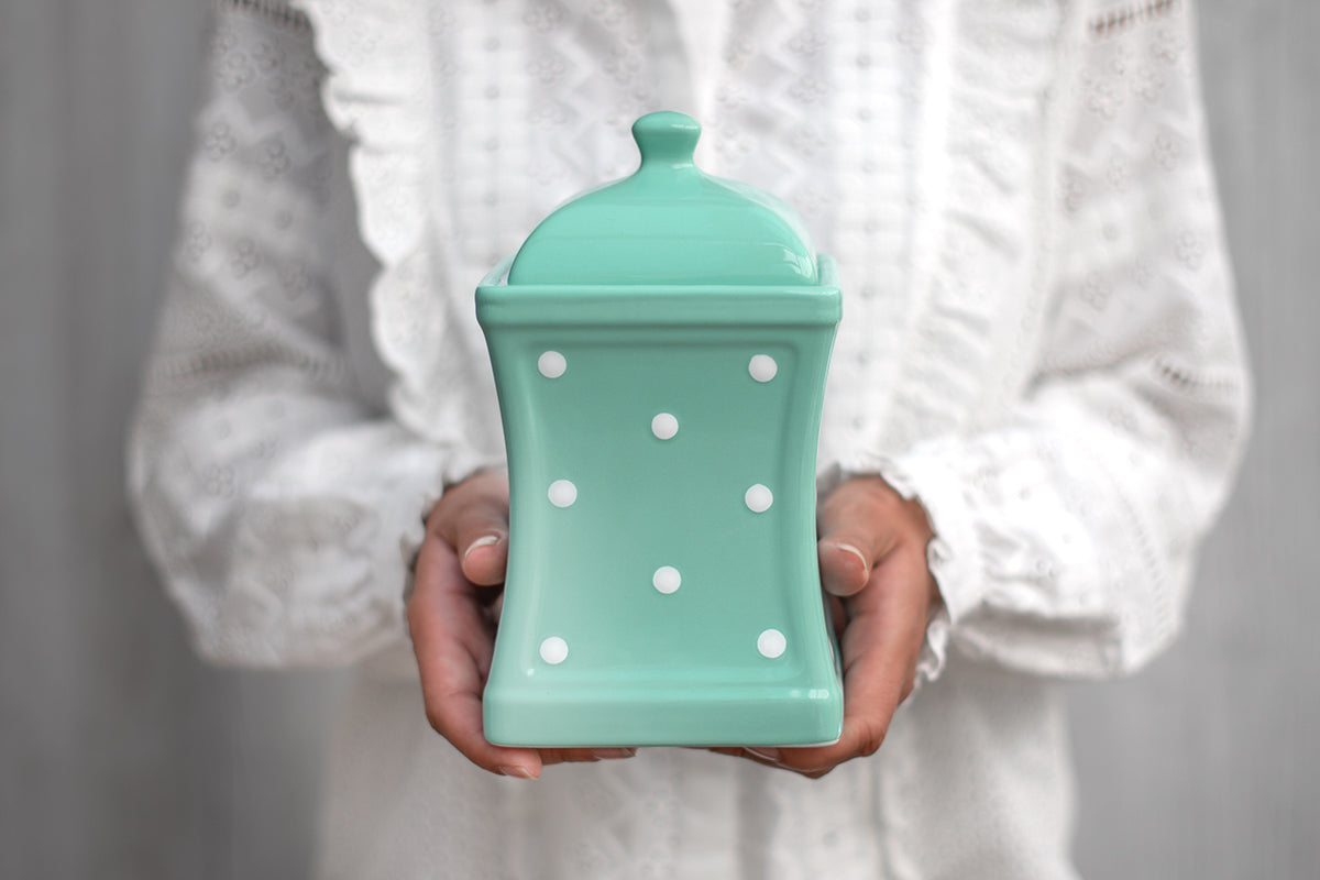 Teal Blue And White Polka Dot Spotty Handmade Hand Painted Large Ceramic Kitchen Storage Jar