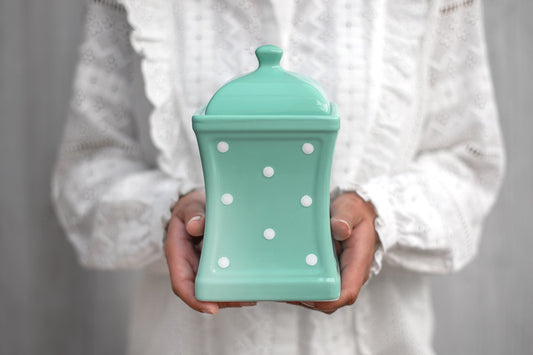 Teal Blue And White Polka Dot Spotty Handmade Hand Painted Large Ceramic Kitchen Storage Jar