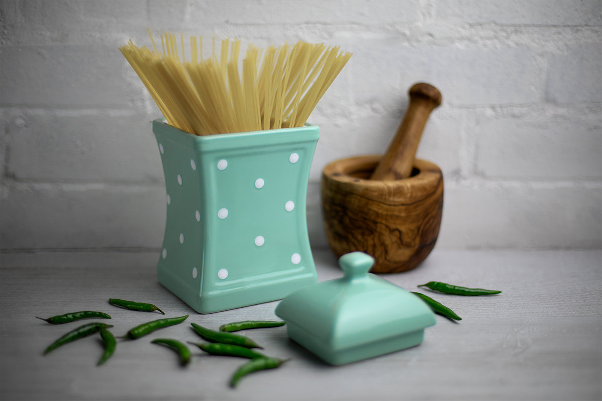 Teal Blue And White Polka Dot Spotty Handmade Hand Painted Large Ceramic Kitchen Storage Jar