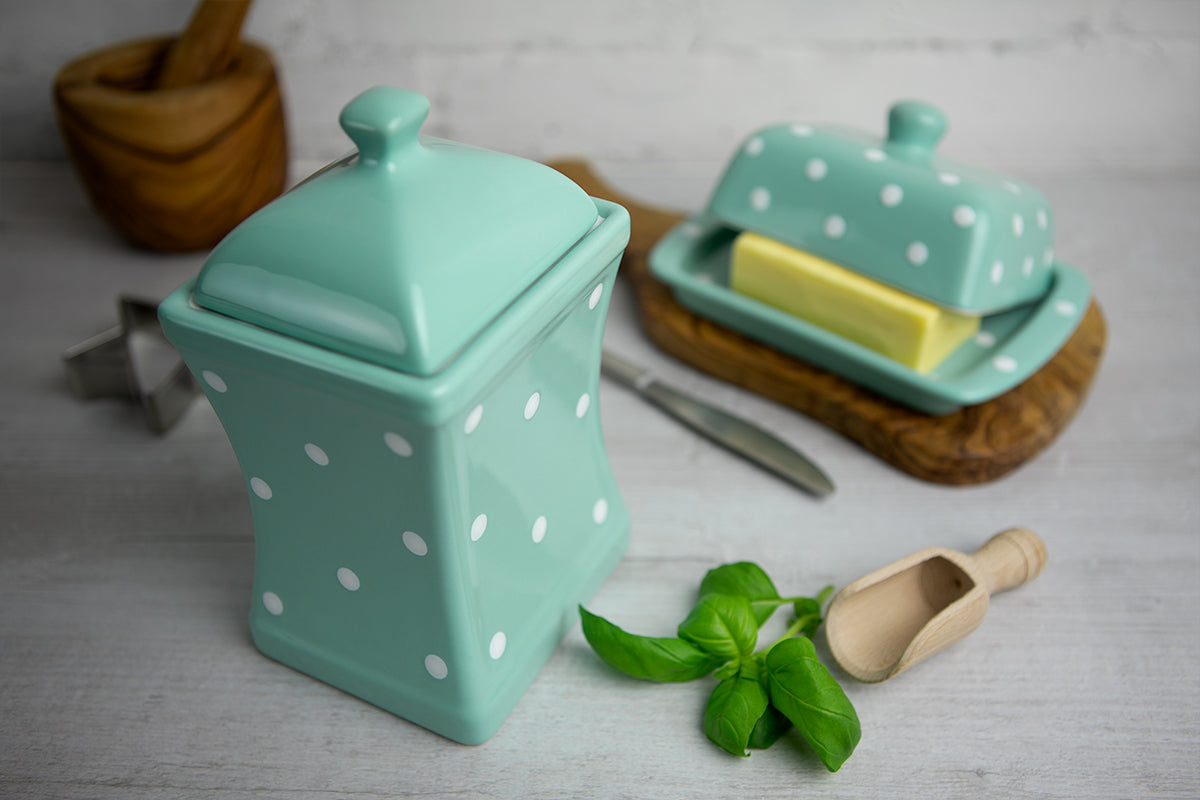 Teal Blue And White Polka Dot Spotty Handmade Hand Painted Large Ceramic Kitchen Storage Jar