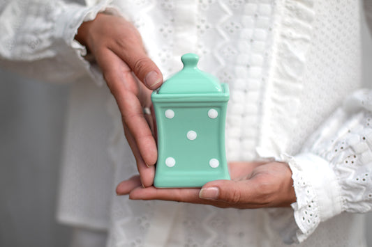 Teal Blue And White Polka Dot Spotty Handmade Hand Painted Small Ceramic Kitchen Herb Spice Storage Jar with Lid