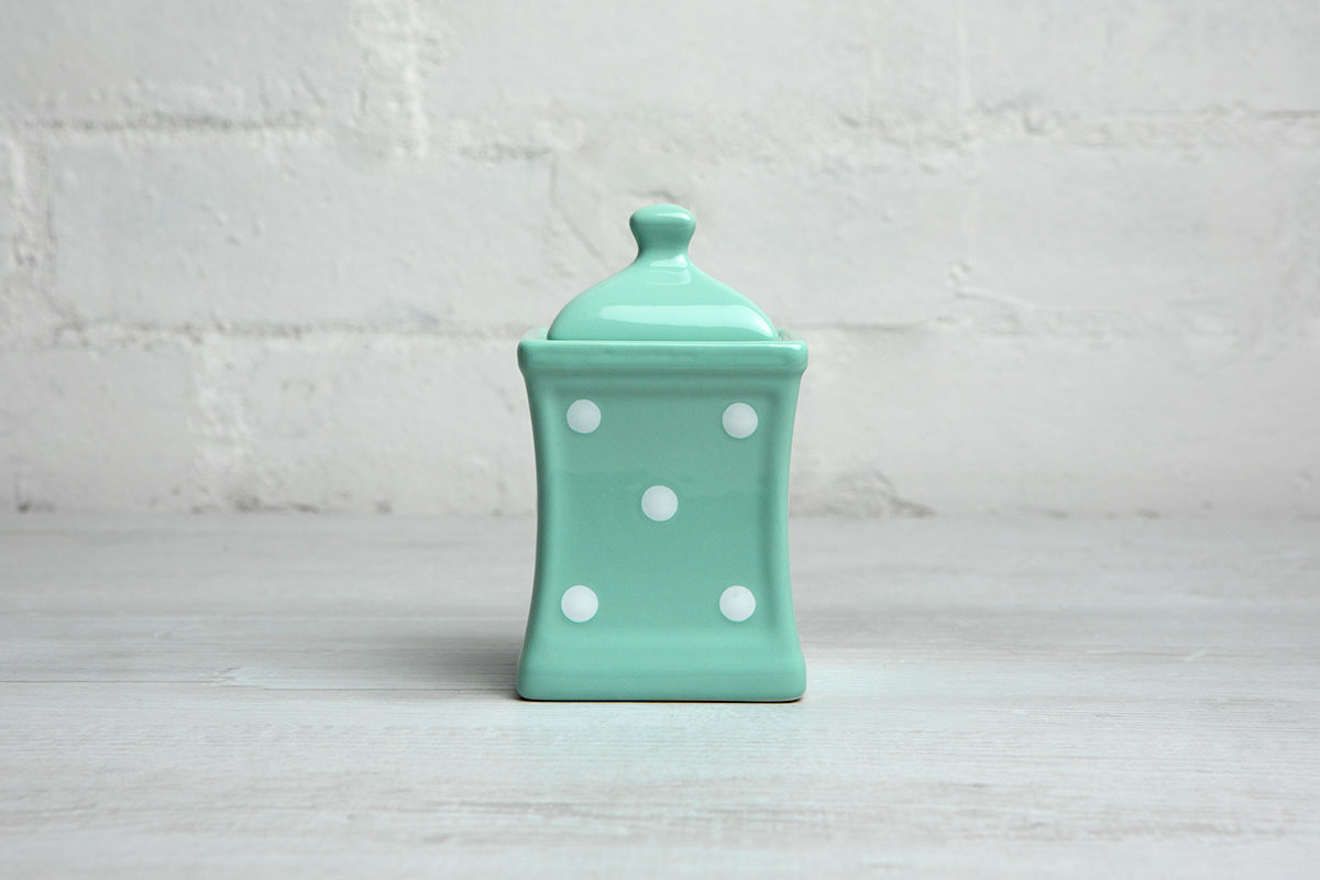 Teal Blue And White Polka Dot Spotty Handmade Hand Painted Small Ceramic Kitchen Herb Spice Storage Jar with Lid
