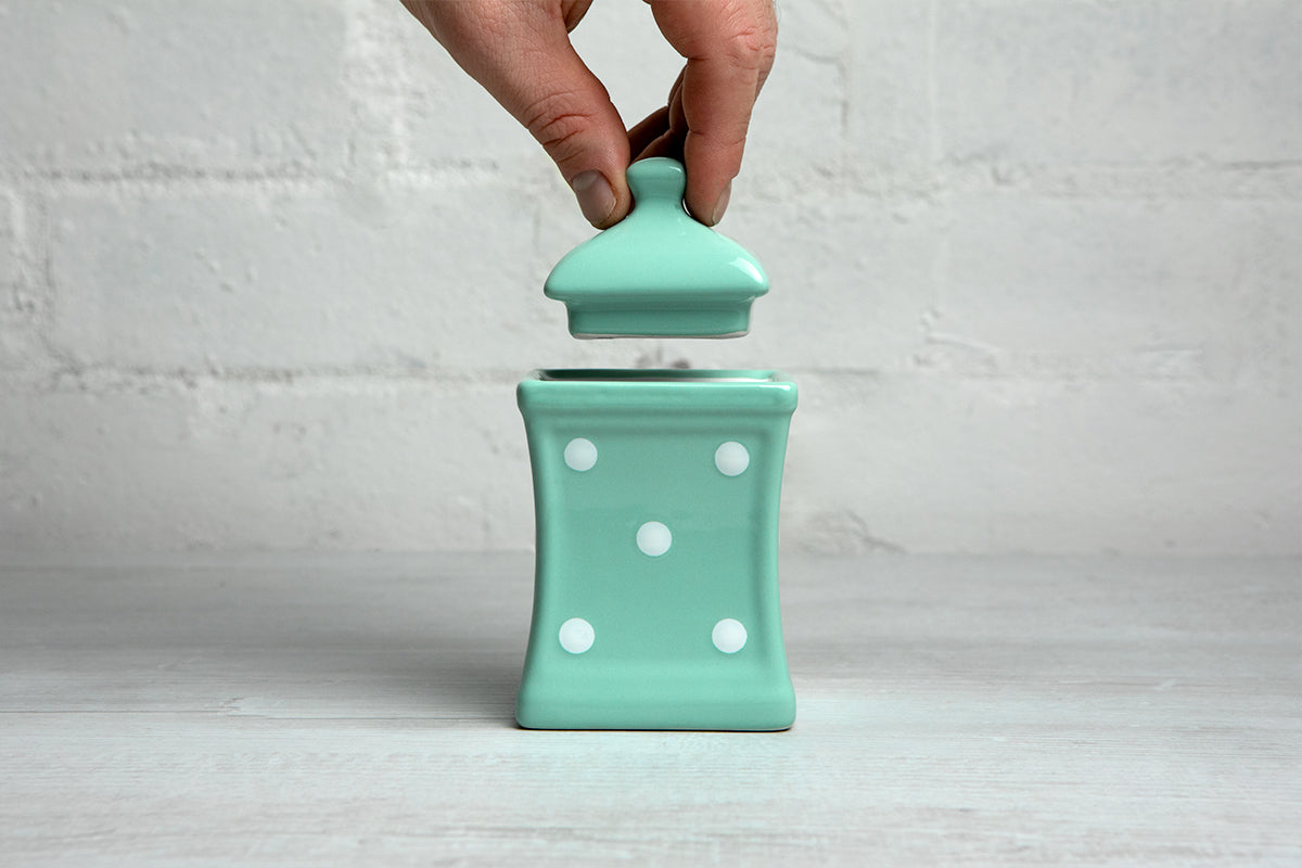 Teal Blue And White Polka Dot Spotty Handmade Hand Painted Small Ceramic Kitchen Herb Spice Storage Jar with Lid