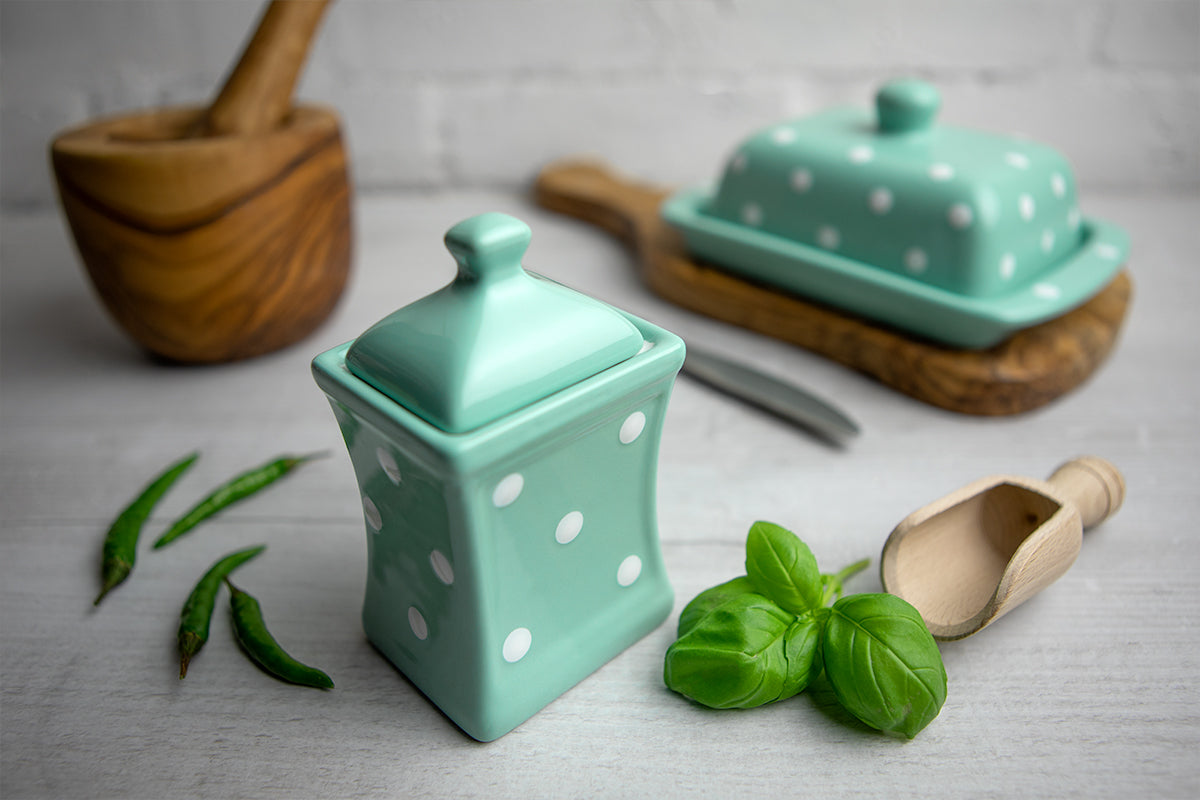 Teal Blue And White Polka Dot Spotty Handmade Hand Painted Small Ceramic Kitchen Herb Spice Storage Jar with Lid