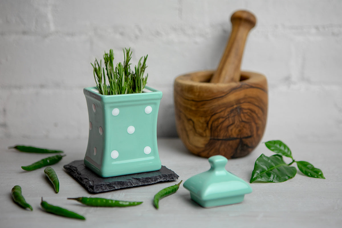 Teal Blue And White Polka Dot Spotty Handmade Hand Painted Small Ceramic Kitchen Herb Spice Storage Jar with Lid