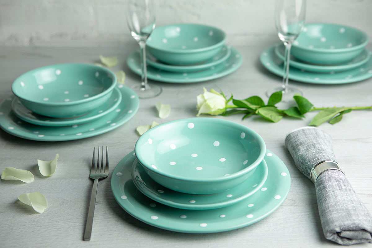 Teal Blue and White Polka Dot Spotty Handmade Hand Painted Ceramic 12 piece Dinnerware Service for 4