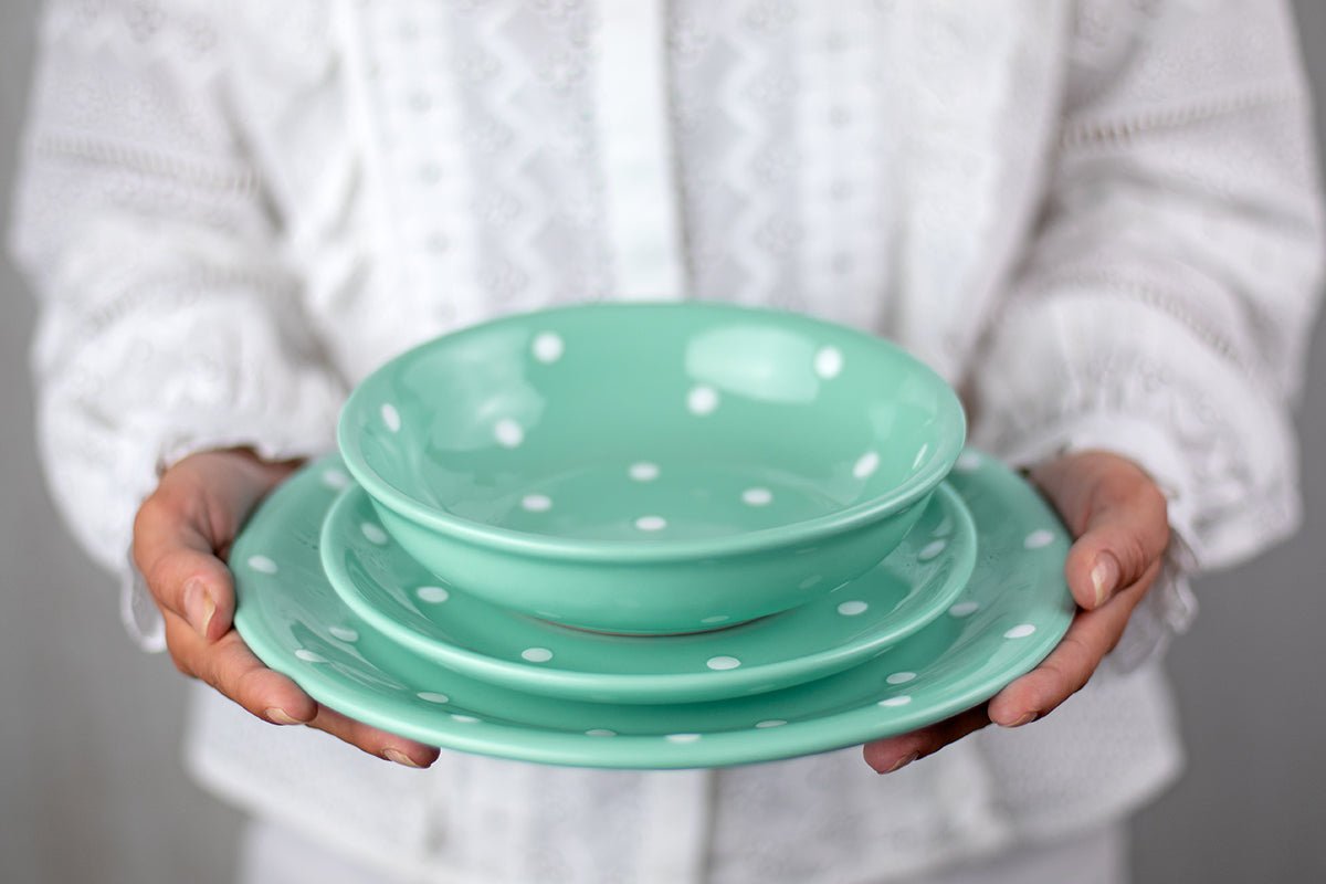 Teal Blue and White Polka Dot Spotty Handmade Hand Painted Ceramic 12 piece Dinnerware Service for 4
