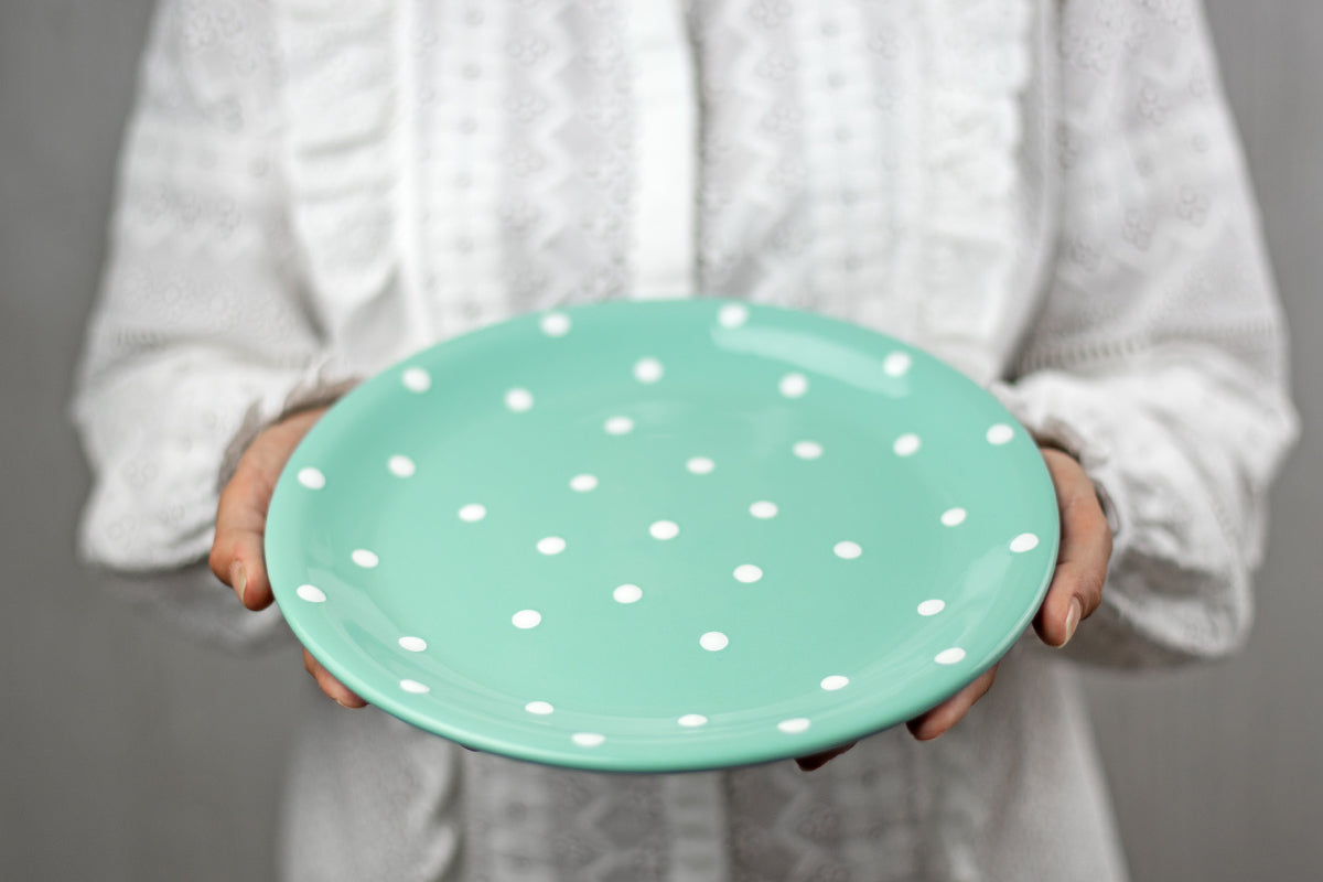 Teal Blue and White Polka Dot Spotty Handmade Hand Painted Ceramic 12 piece Dinnerware Service for 4