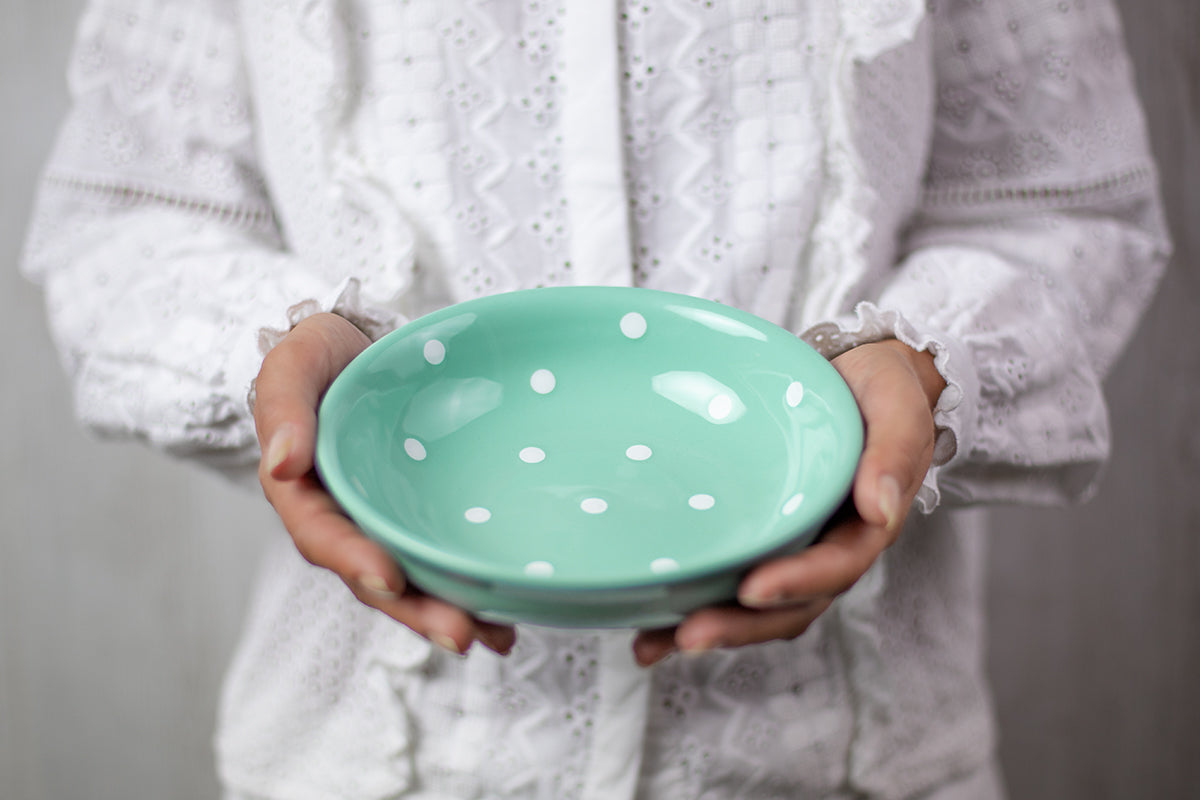 Teal Blue and White Polka Dot Spotty Handmade Hand Painted Ceramic 12 piece Dinnerware Service for 4