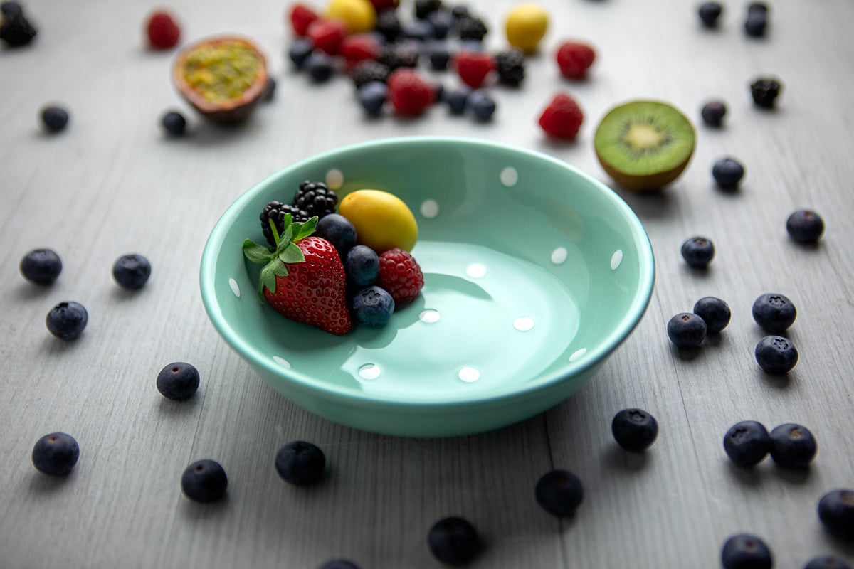 Teal Blue and White Polka Dot Spotty Handmade Hand Painted Ceramic 12 piece Dinnerware Service for 4