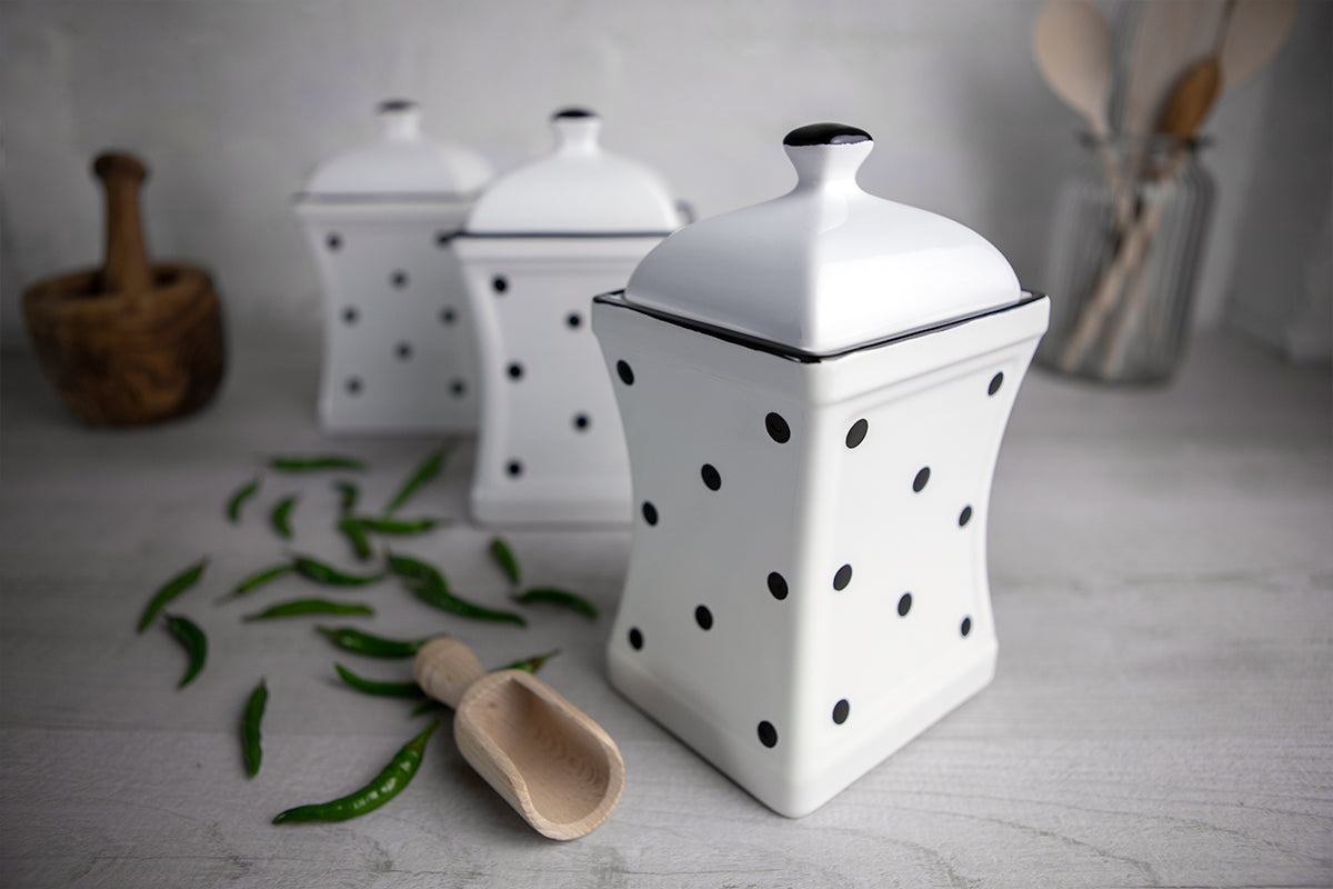White and Black Polka Dot Pottery Handmade Hand Painted Large Ceramic Kitchen Storage Jar Set Canister Set - Same Size Jars