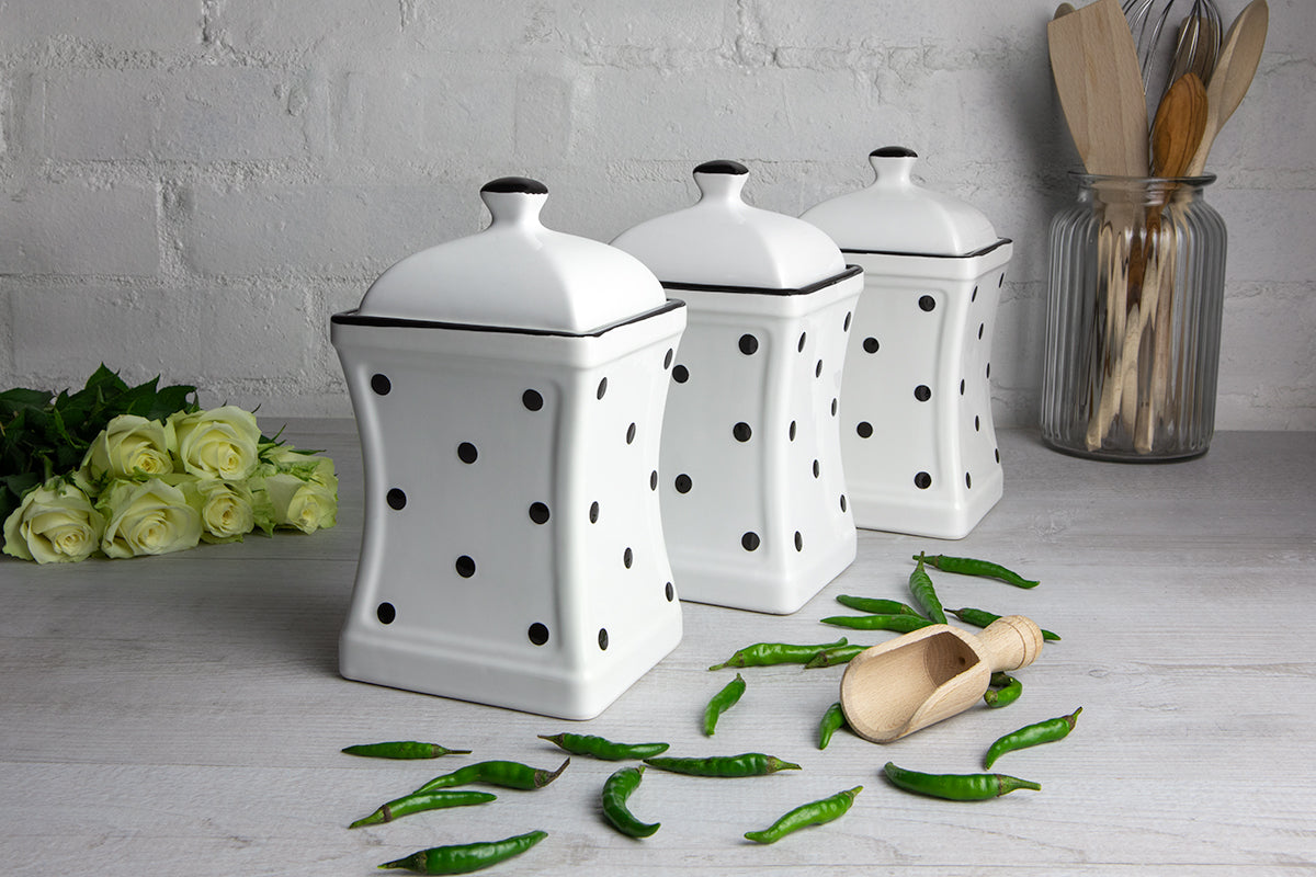 White and Black Polka Dot Pottery Handmade Hand Painted Large Ceramic Kitchen Storage Jar Set Canister Set - Same Size Jars