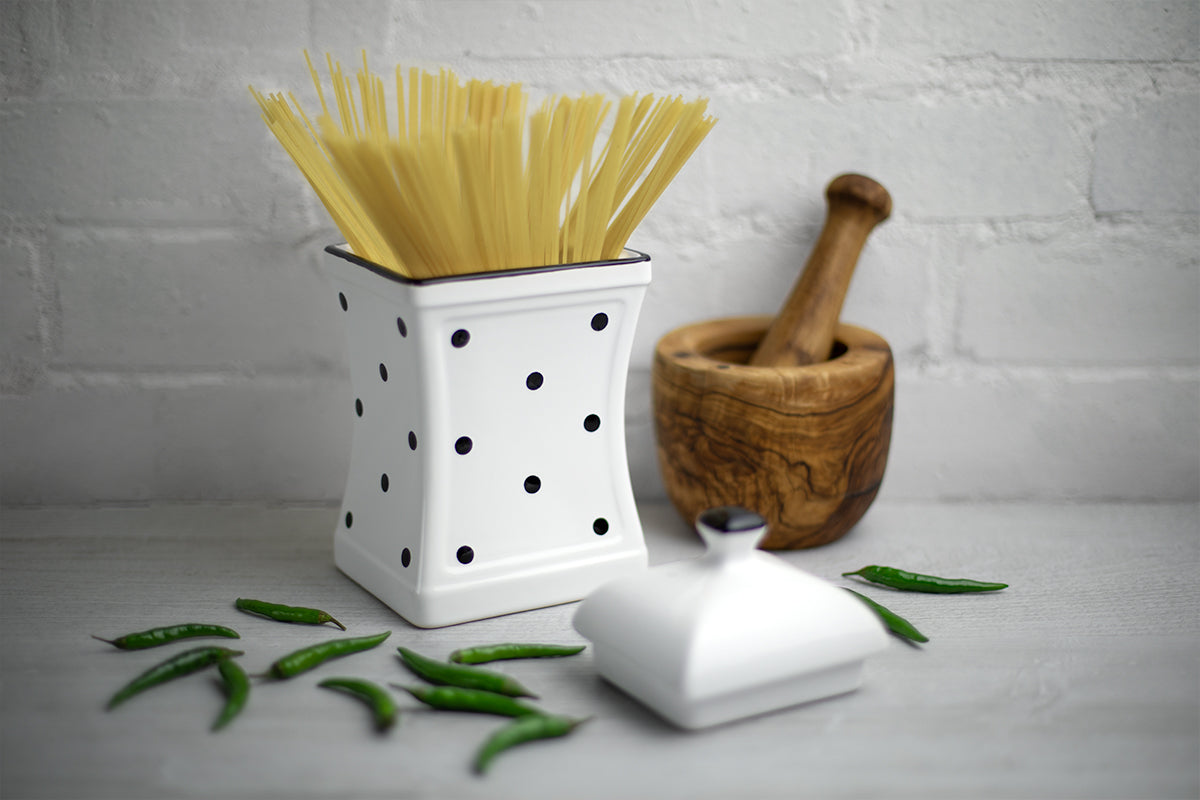 White and Black Polka Dot Pottery Handmade Hand Painted Large Ceramic Kitchen Storage Jar Set Canister Set - Same Size Jars