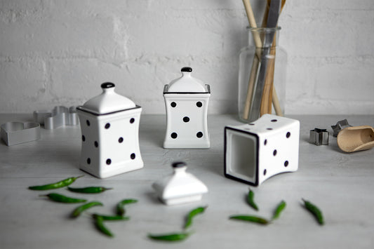 White and Black Polka Dot Pottery Handmade Hand Painted Small Ceramic Kitchen Herb Spice Jars Canister Set - Same Size Jars
