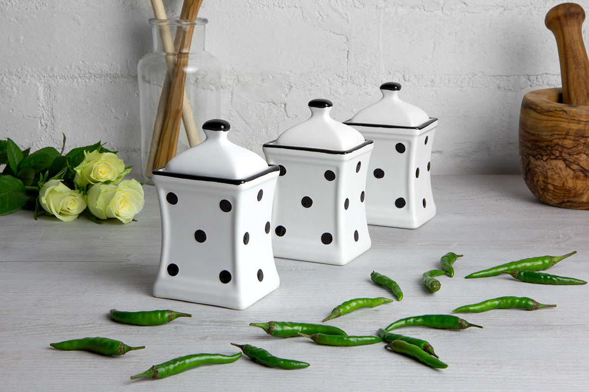 White and Black Polka Dot Pottery Handmade Hand Painted Small Ceramic Kitchen Herb Spice Jars Canister Set - Same Size Jars