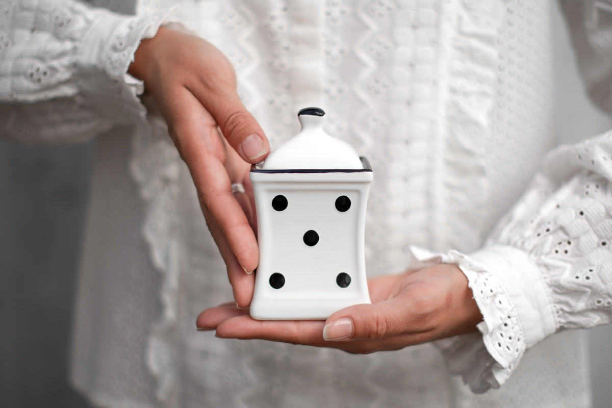 White and Black Polka Dot Pottery Handmade Hand Painted Small Ceramic Kitchen Herb Spice Jars Canister Set - Same Size Jars