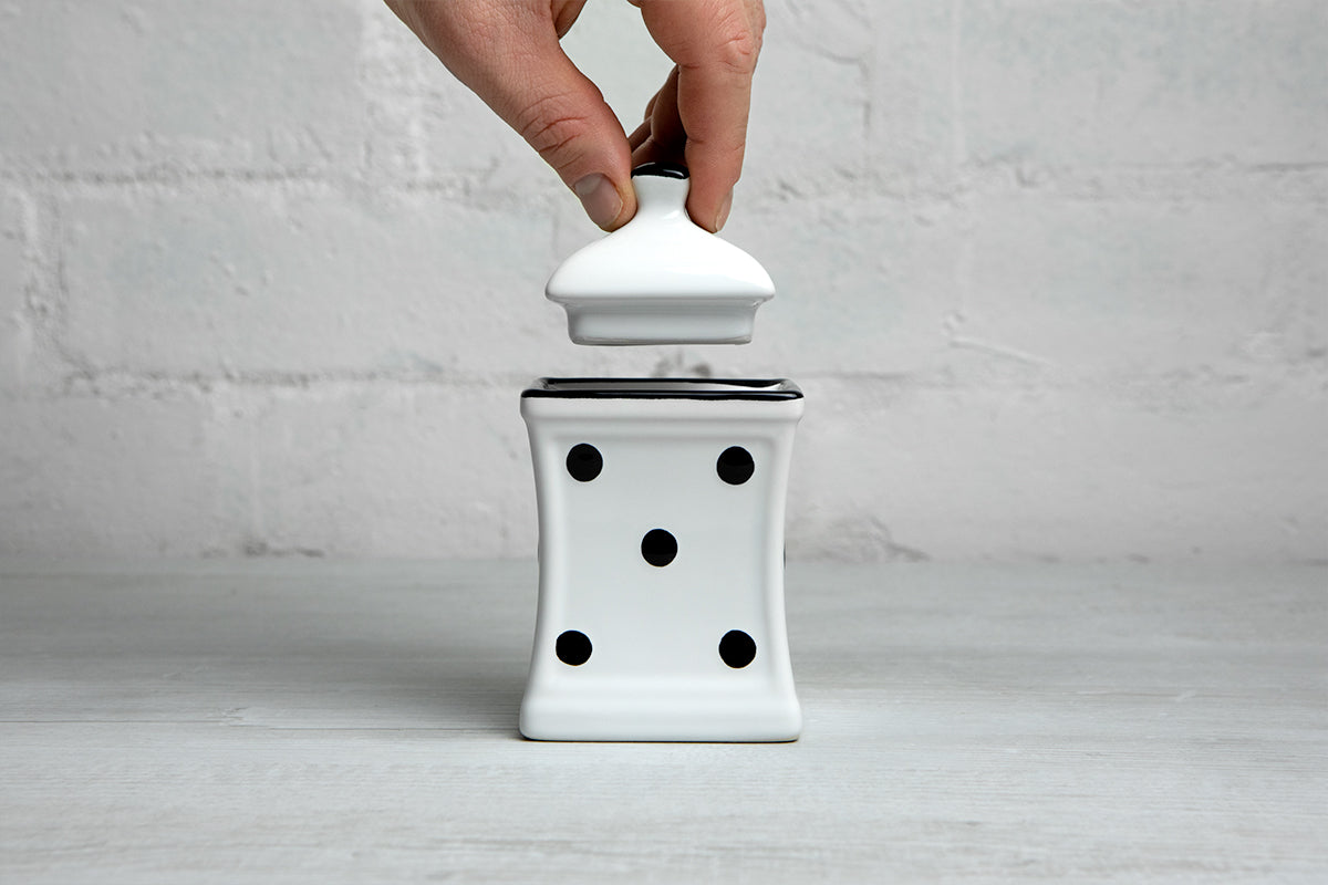 White and Black Polka Dot Pottery Handmade Hand Painted Small Ceramic Kitchen Herb Spice Jars Canister Set - Same Size Jars