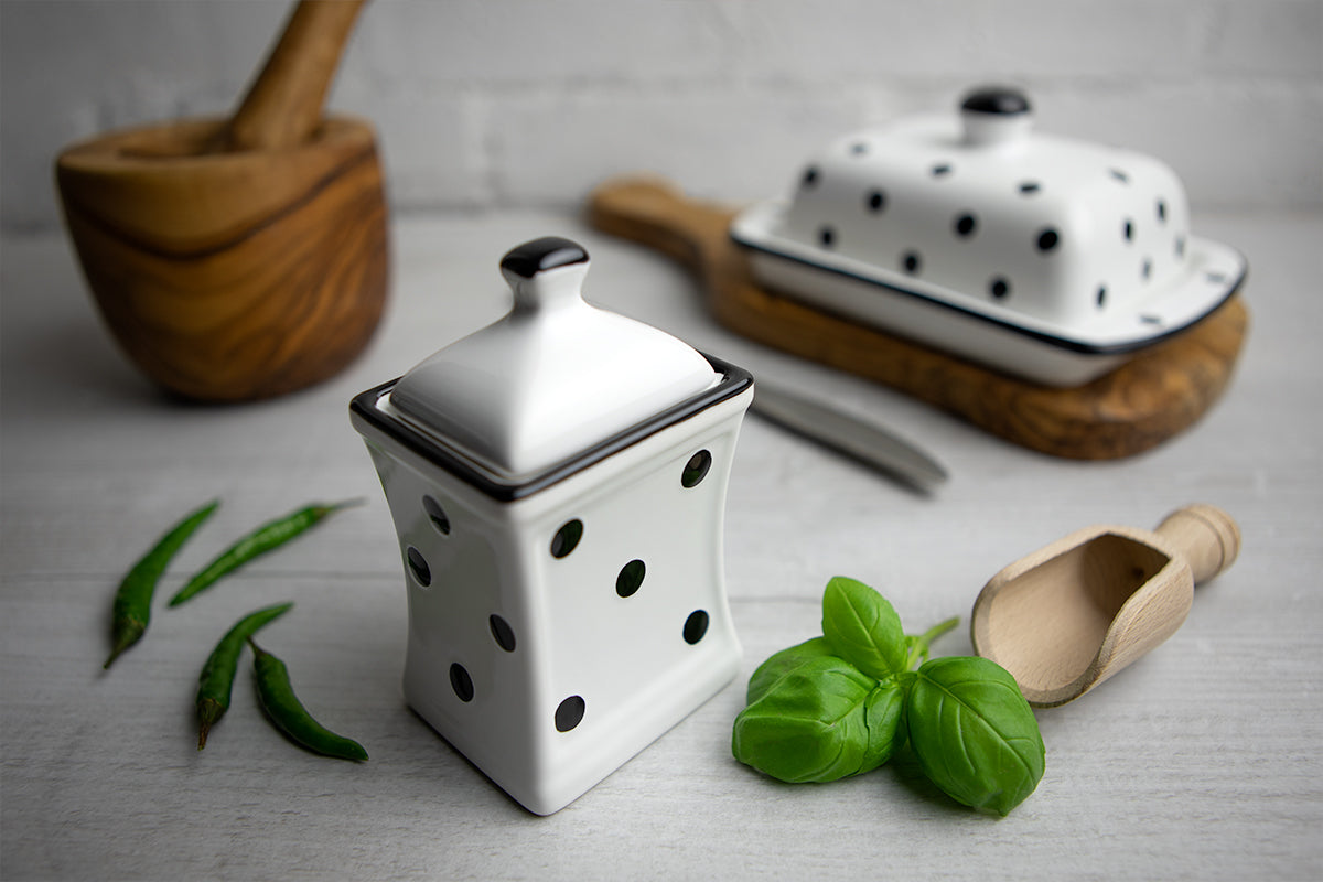 White and Black Polka Dot Pottery Handmade Hand Painted Small Ceramic Kitchen Herb Spice Jars Canister Set - Same Size Jars