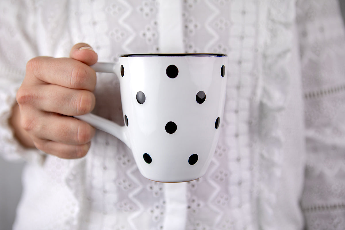 White And Black Polka Dot Spotty Designer Handmade Hand Painted Unique Ceramic 10oz-300ml Coffee Tea Mug with Large Handle