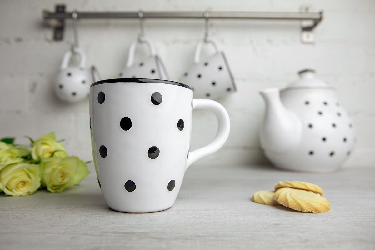 White And Black Polka Dot Spotty Designer Handmade Hand Painted Unique Ceramic 10oz-300ml Coffee Tea Mug with Large Handle