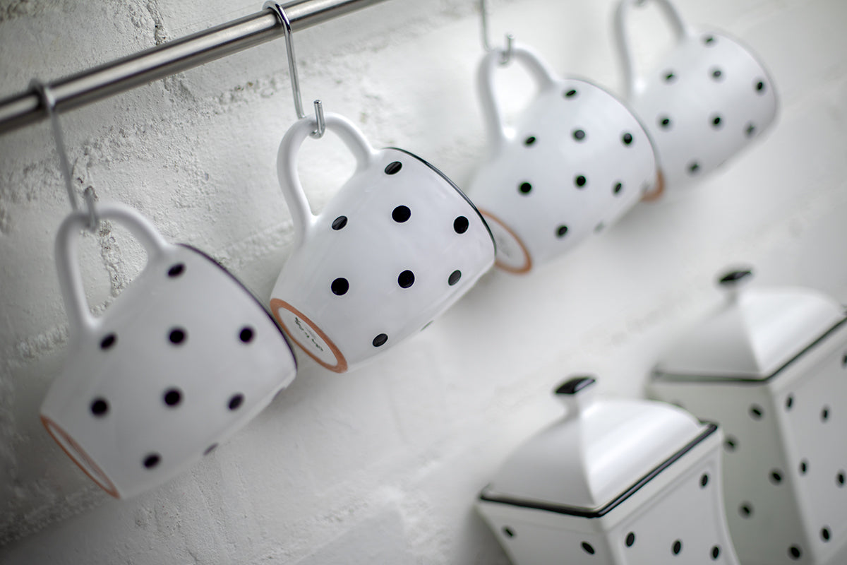 White And Black Polka Dot Spotty Designer Handmade Hand Painted Unique Ceramic 10oz-300ml Coffee Tea Mug with Large Handle