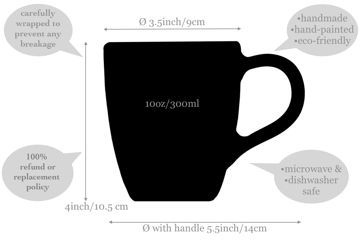 White And Black Polka Dot Spotty Designer Handmade Hand Painted Unique Ceramic 10oz-300ml Coffee Tea Mug with Large Handle