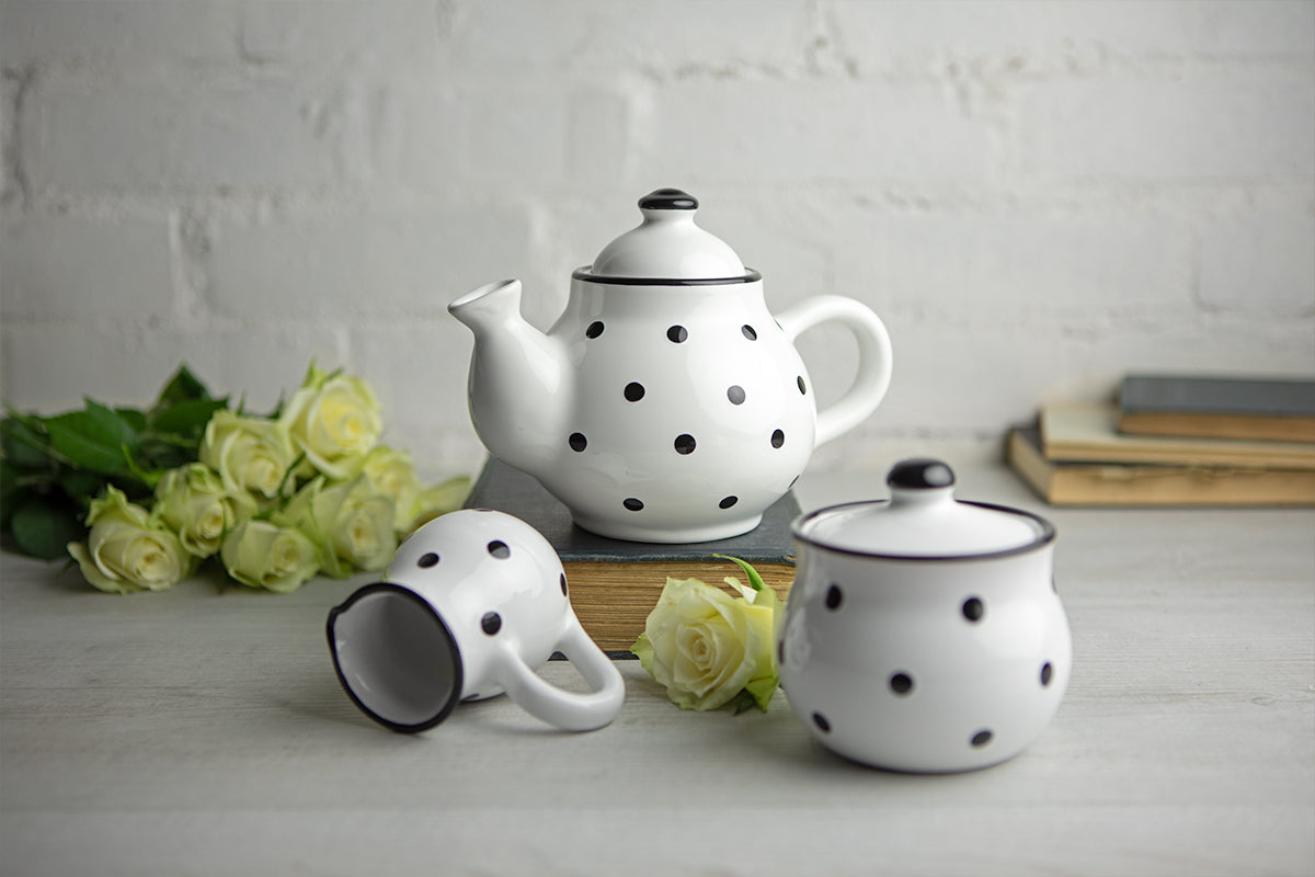 White and Black Polka Dot Pottery Handmade Hand Painted Ceramic Teapot Milk Jug Sugar Bowl Set