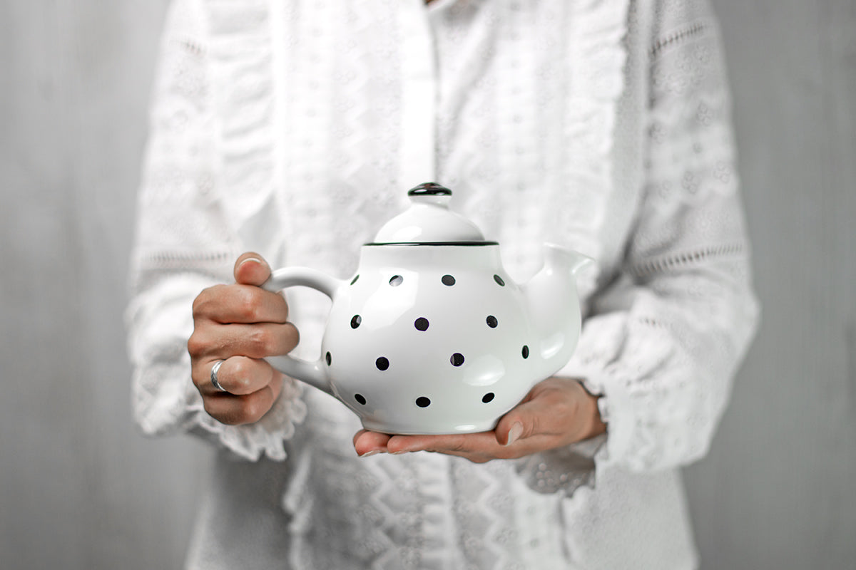 White and Black Polka Dot Pottery Handmade Hand Painted Ceramic 2-3 Cup Teapot 26 oz / 750ml