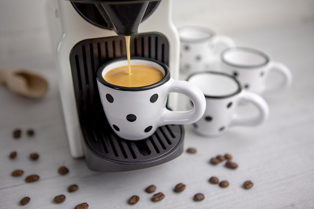 White And Black Polka Dot Spotty Designer Handmade Hand Painted Unique Ceramic 2oz-60ml Espresso Coffee Cup Set of 4